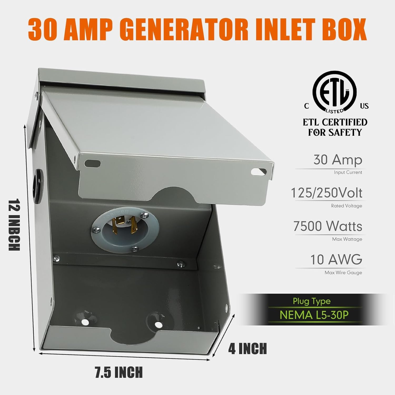 30 Amp Power Inlet Box Pre-Drilled Generator Inlet Box NEMA L5-30P 3-Prong Locki