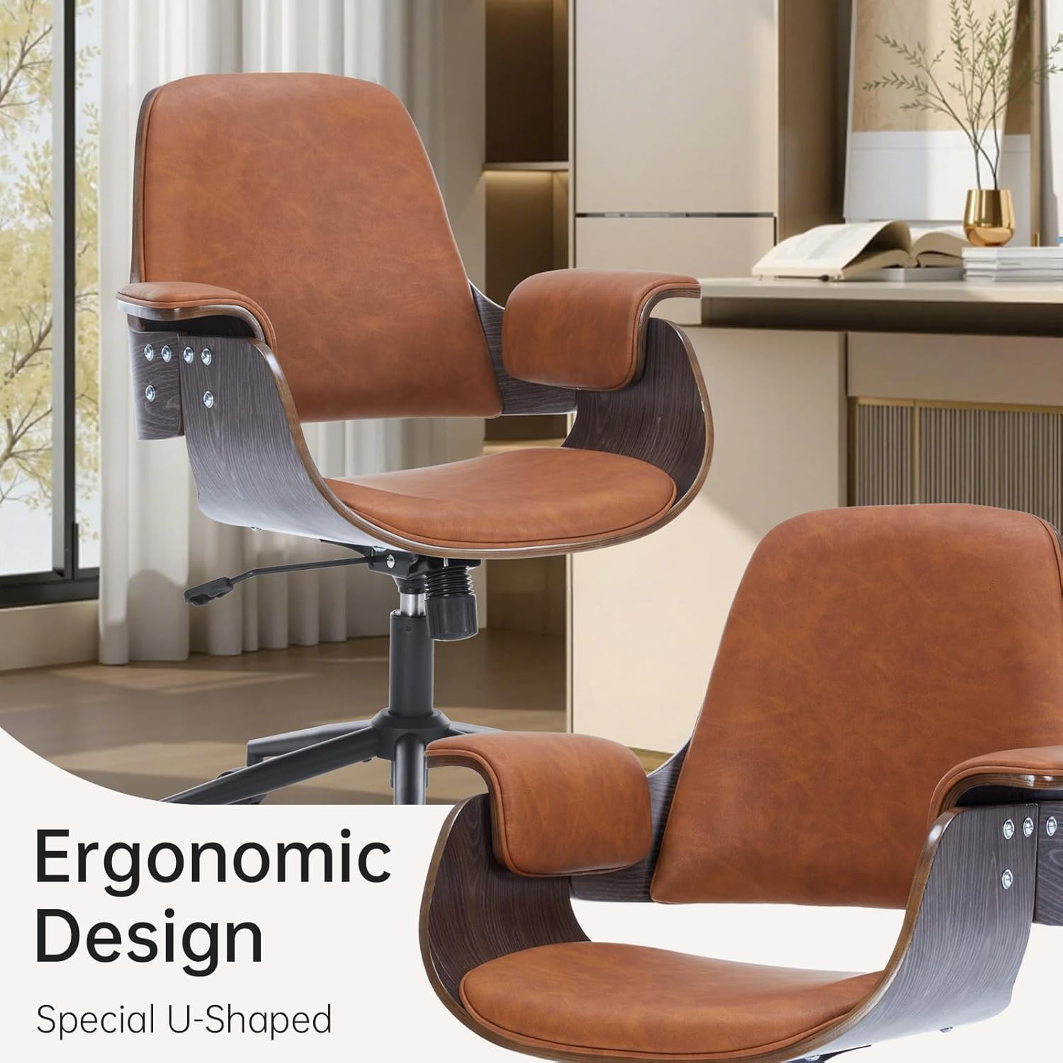 Ergonomic Mid Century Modern Swivel Office Chair with Walnut Finish – Brown