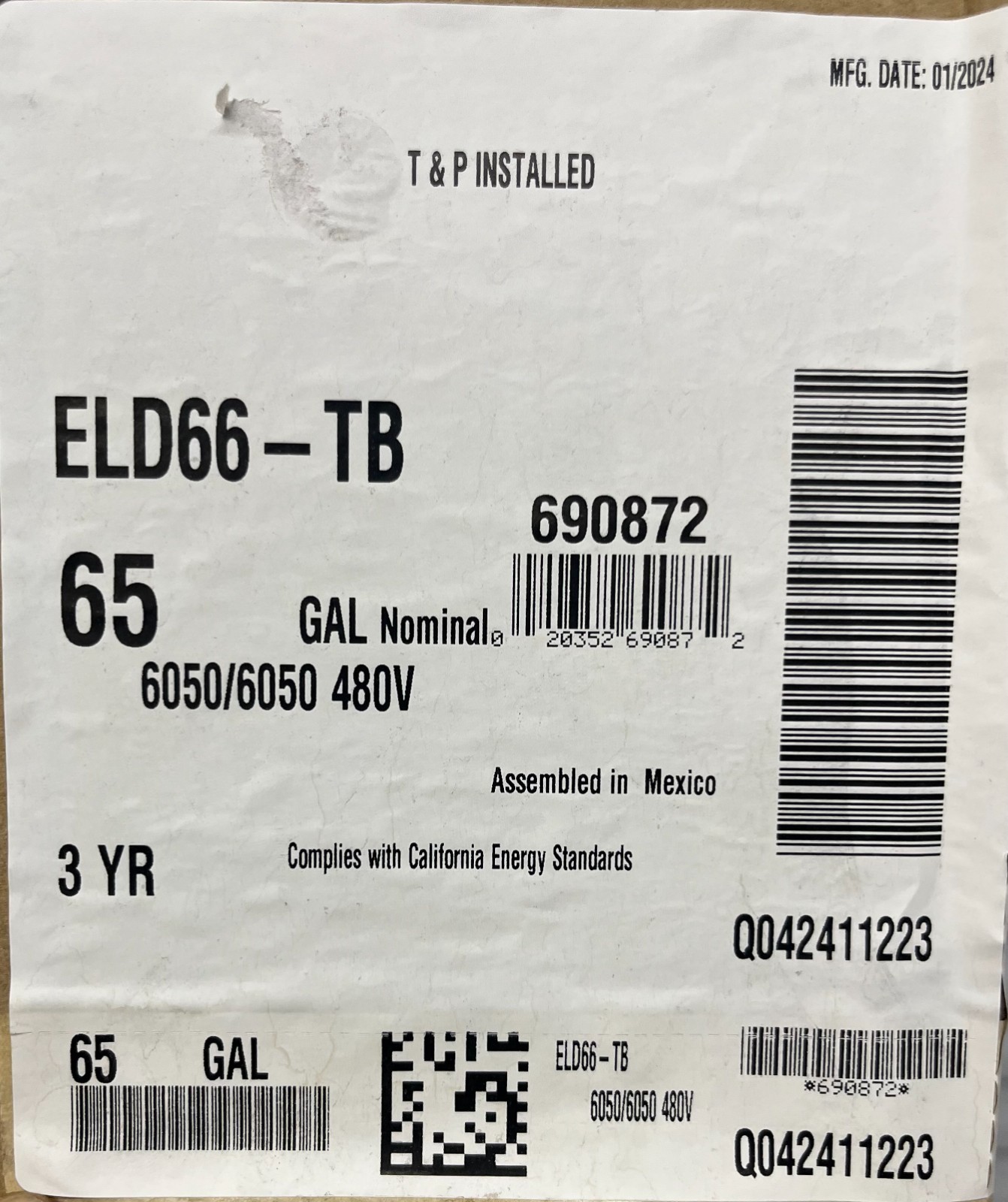 Rheem Eld66-Tb 480V 65 Gal Electric Water Heater, Single, Three Phase 59.4 In H