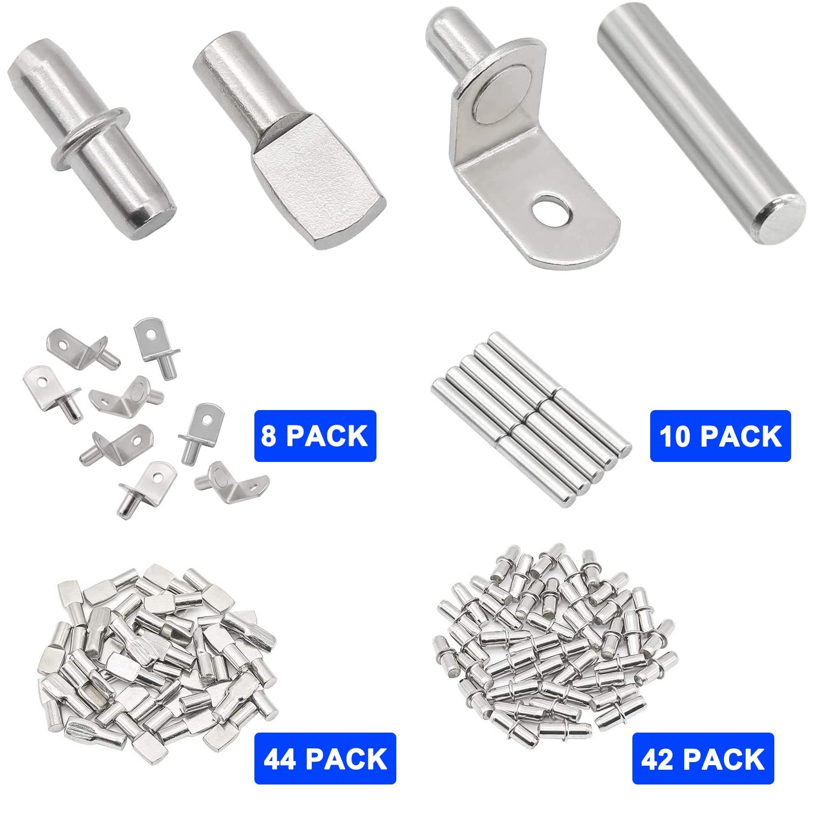 104Pcs Shelf Pins Kit,4 5mm to 6.35mm (1/4 inch) x 7.5mm 25mm, silver