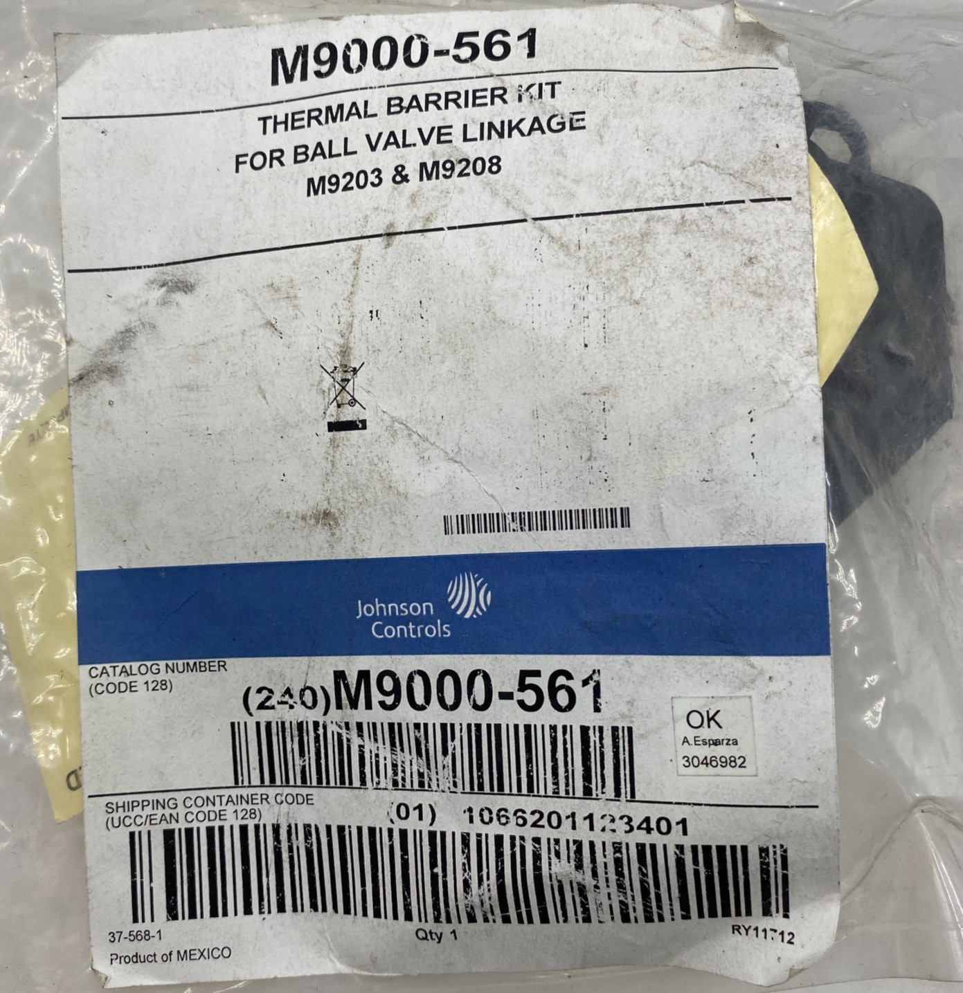 JOHNSON CONTROLS M9000-561 Thermal Barrier Kit,FOR BALL VALVE LINKAGE M9203