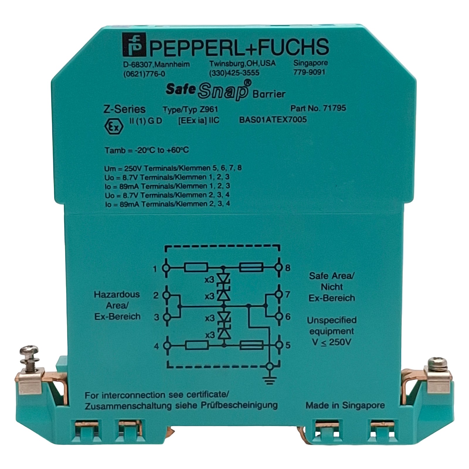 Pepperl + Fuchs 71795 Z961 Safe Snap Zener Barrier 2-Ch, 6.5V @ 10µA, AC Version