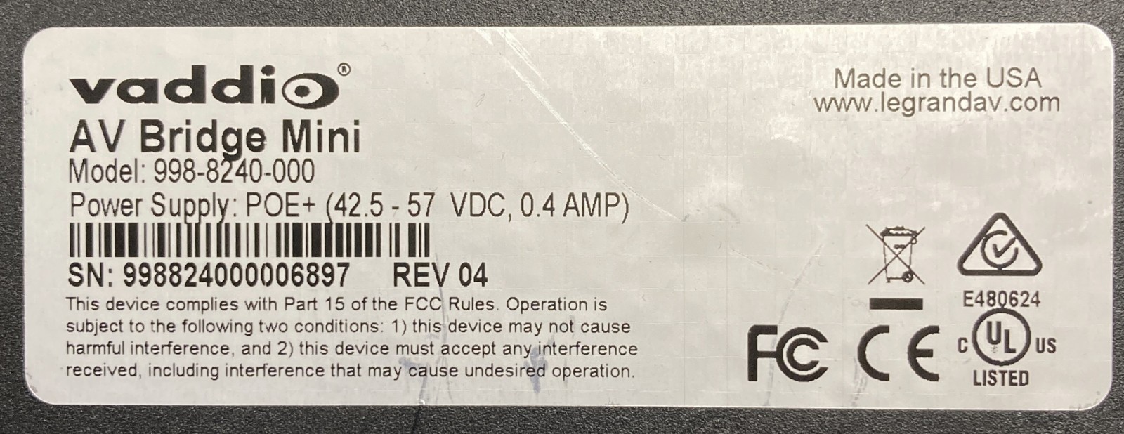 Vaddio 998-8240-000 AV Bridge Mini Audio-Video Encoder (Unit Only)