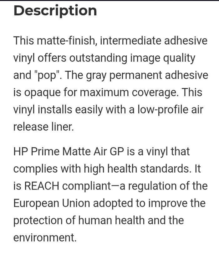HP Prime Matte Air GP Vinyl 54in X 150ft (4WM66A) Large Format Media