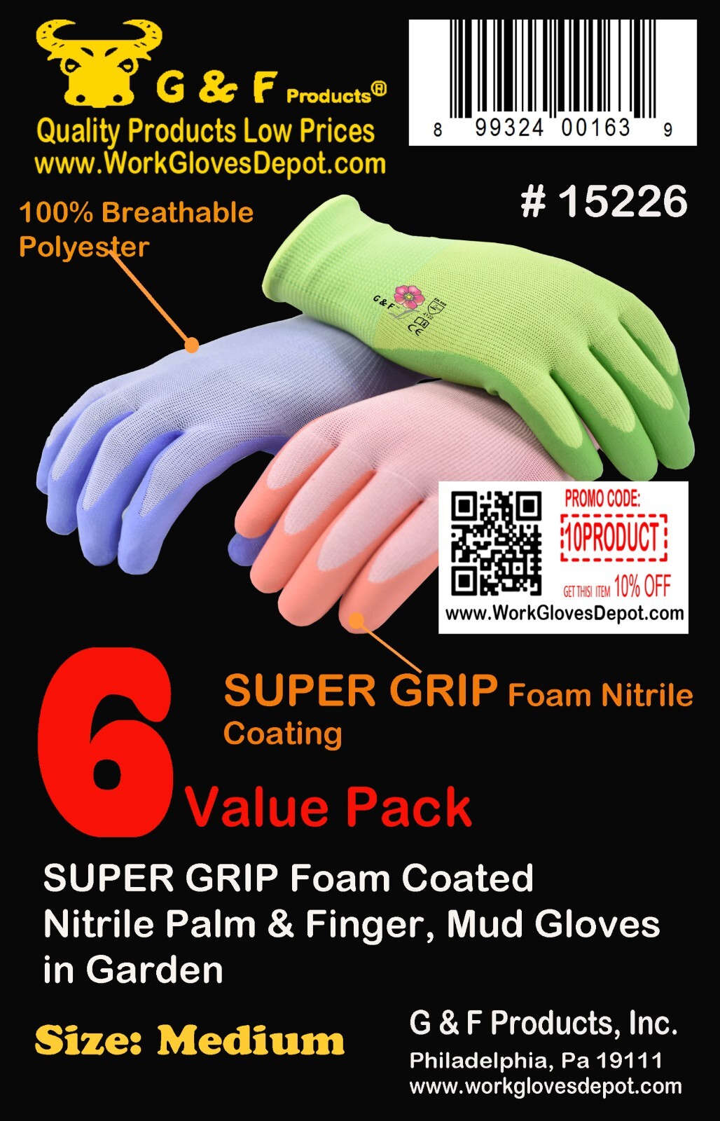 G & F 1522 Women Work Garden Gloves With Micro Foam Coating Texture Grip 12 Pair