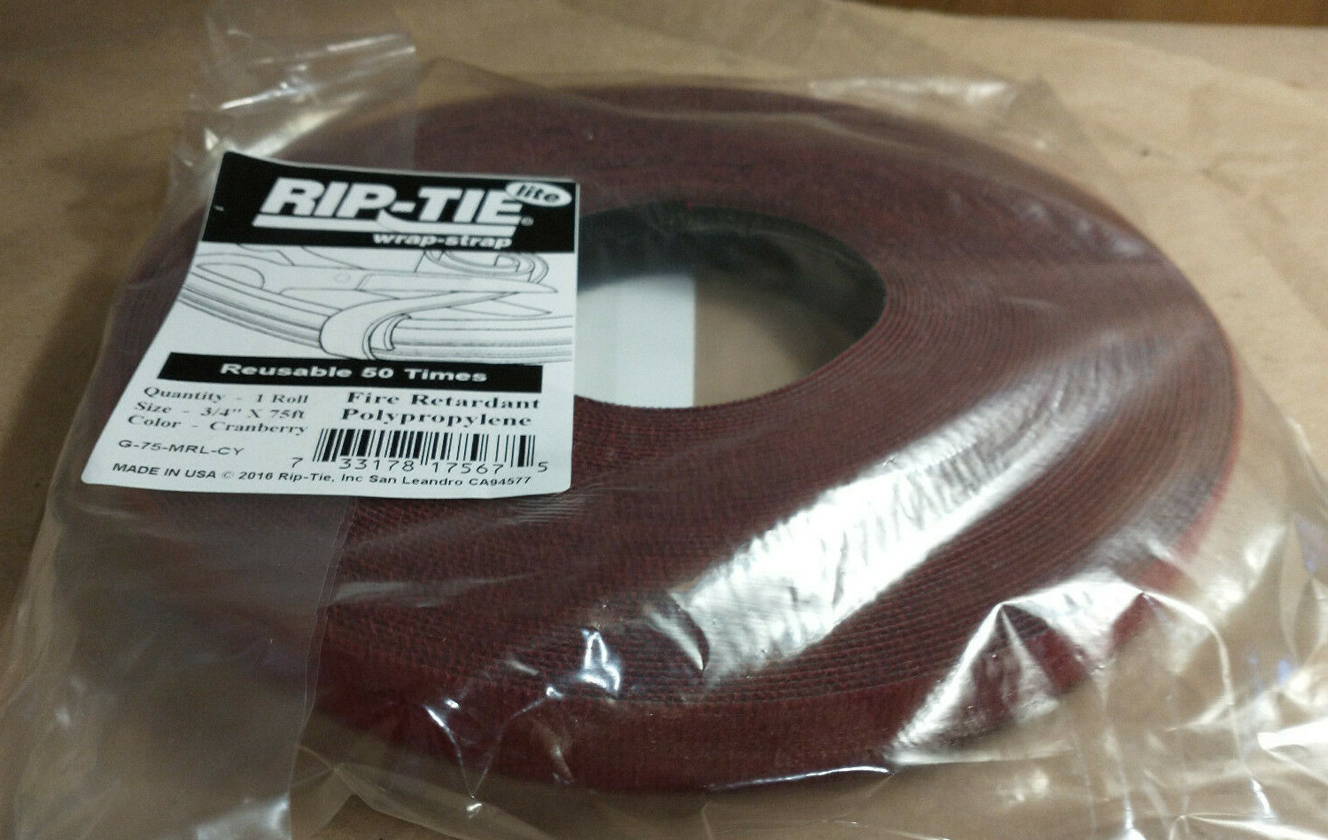 Rip-Tie Lite Wrap Strap Hook and Loop, 3/4″ x 75′ Long Cranberry Cable Organizer