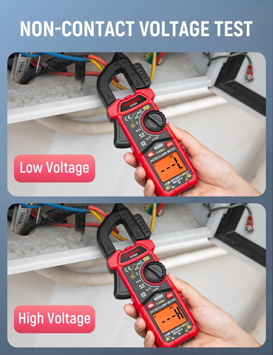 Battery Powered Clamp Meter for Voltage, Current, Temperature & NCV Detection