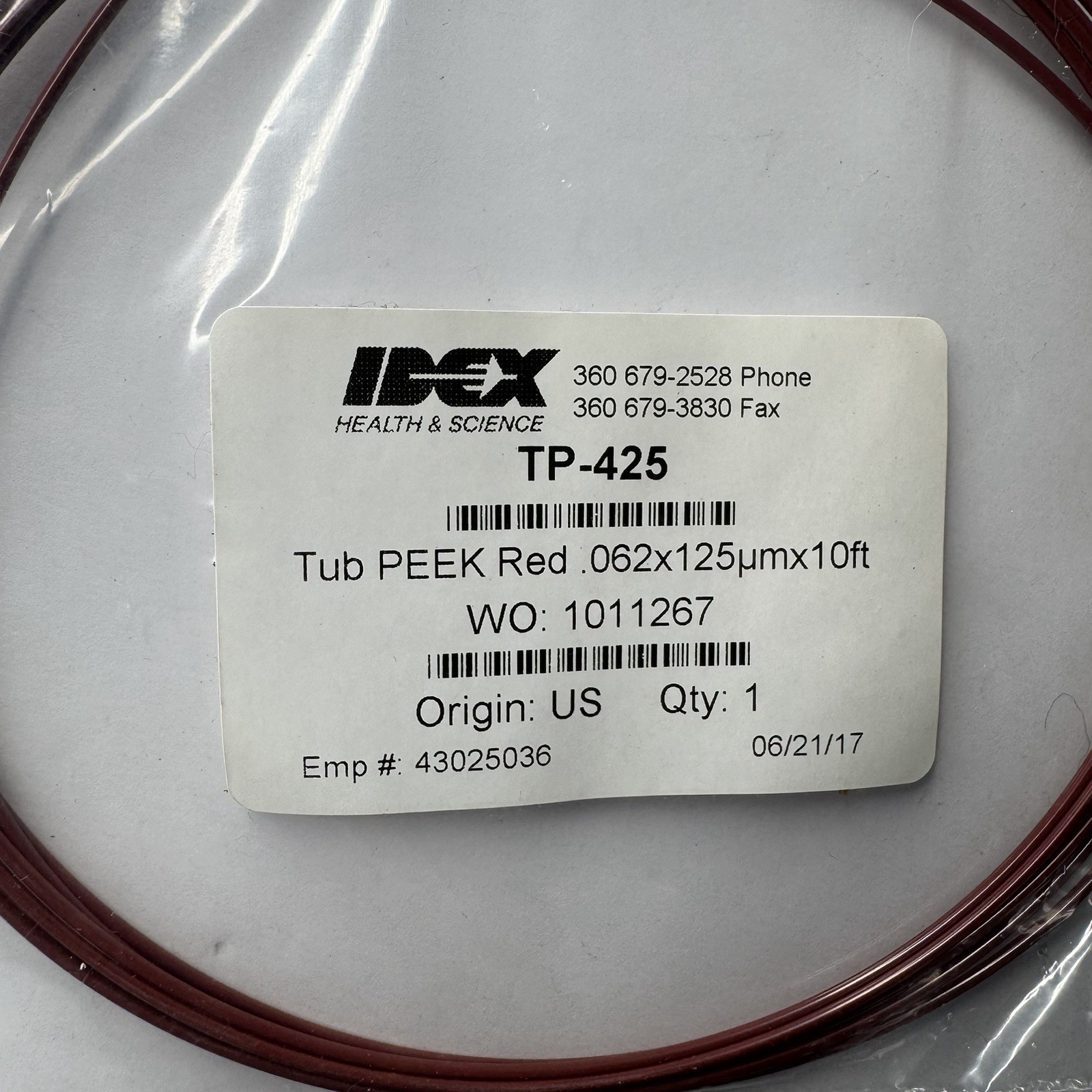 IDEX Health & Science TP-425 Red PEEK Tubing .062 x .125 10ft HPLC LC