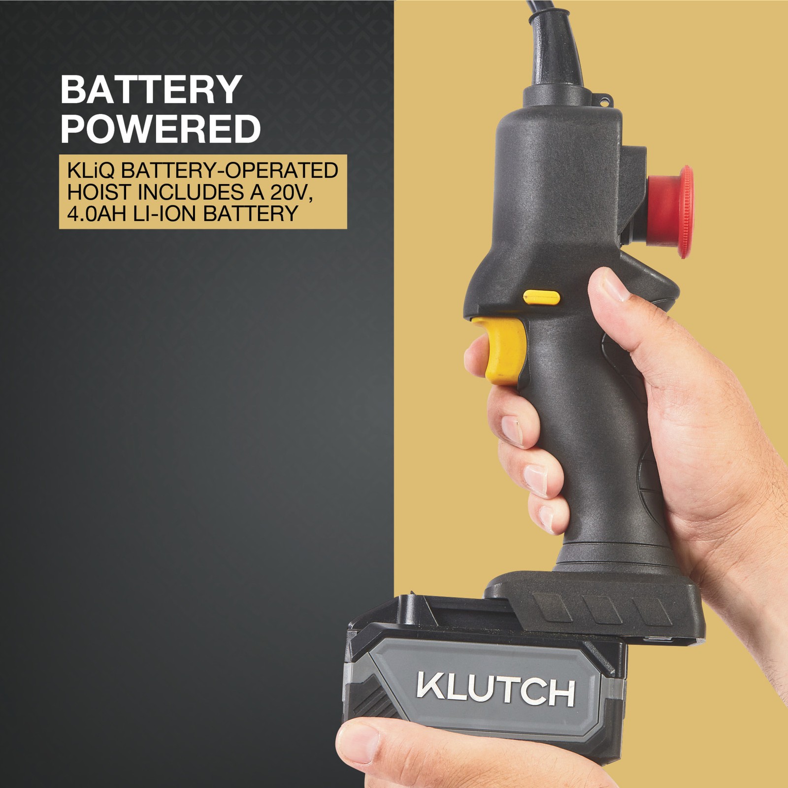 Klutch Chain Hoist Kit, KLiQ 20V, Battery-Powered, 500-Lb. Capacity, 9.85ft.