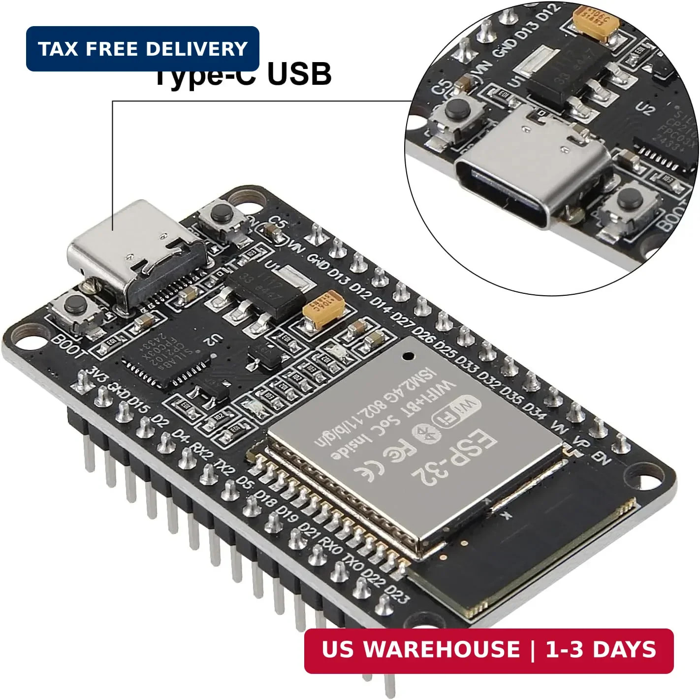 ESP32 ESP-WROOM-32 Wifi and Bluetooth Development Board, 38-Pin, with USB Type-C