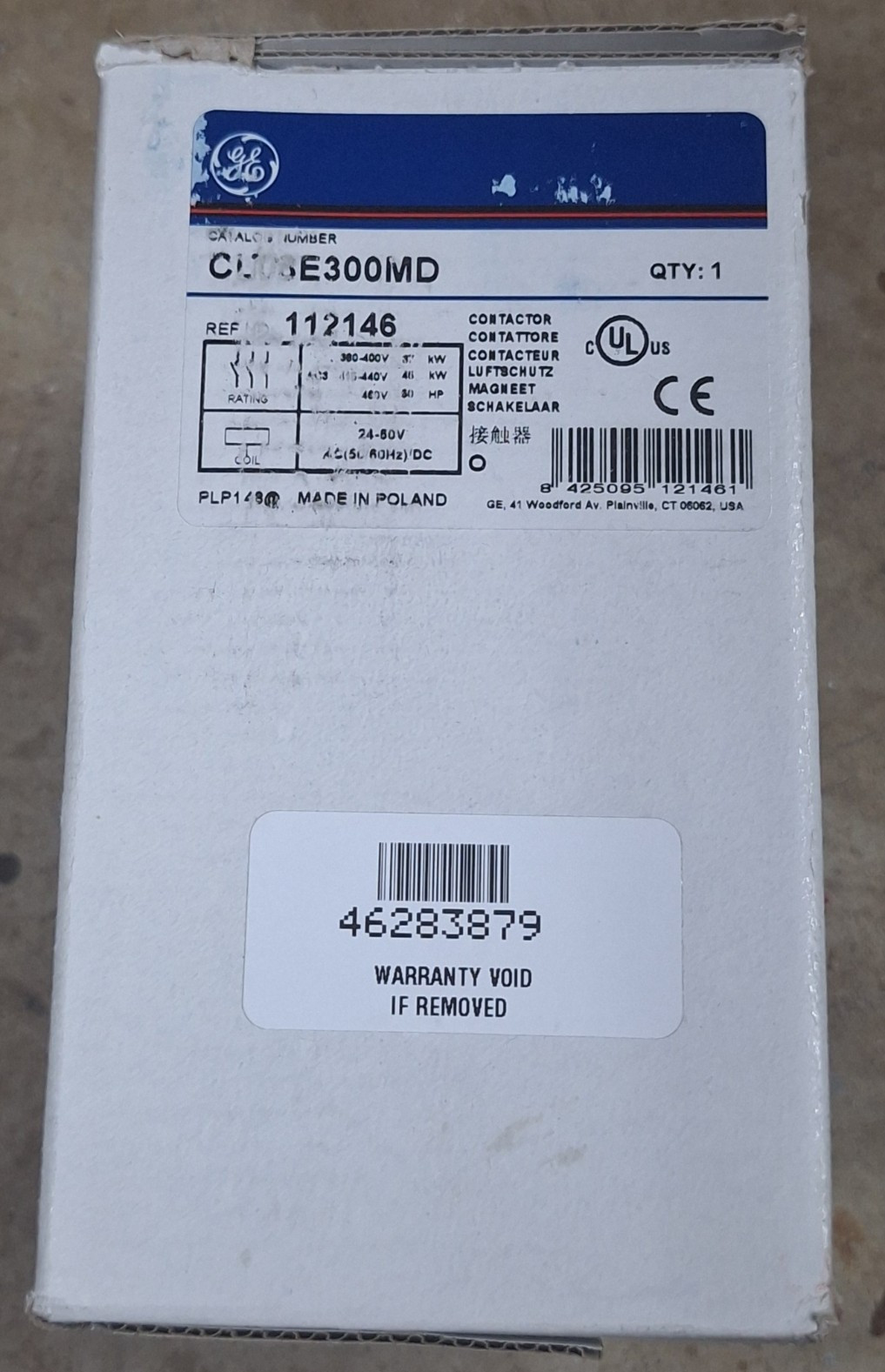 GE CL08E300MD IEC Contactor 110A 3-Pole 24-60V AC/DC Coil Panel Mount