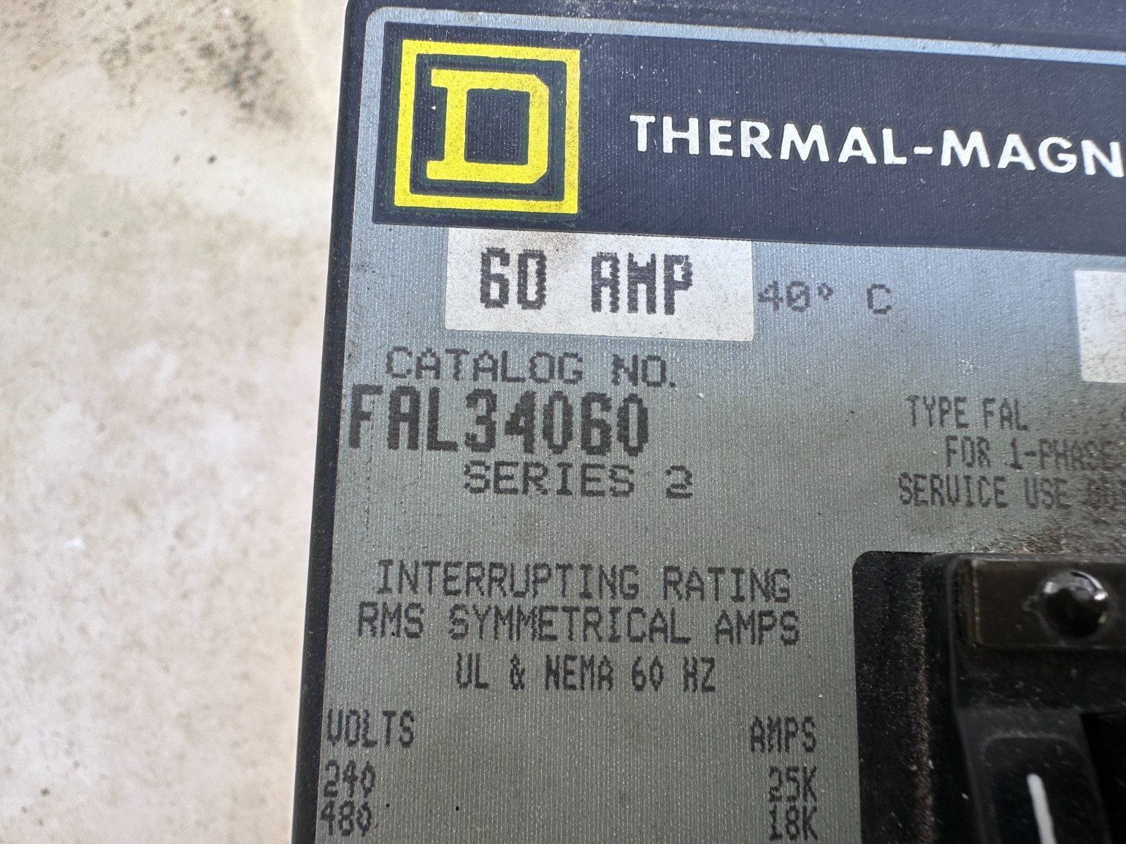 SQUARE D Thermal Magnetic Circuit Breaker FAL34060 60 Amp