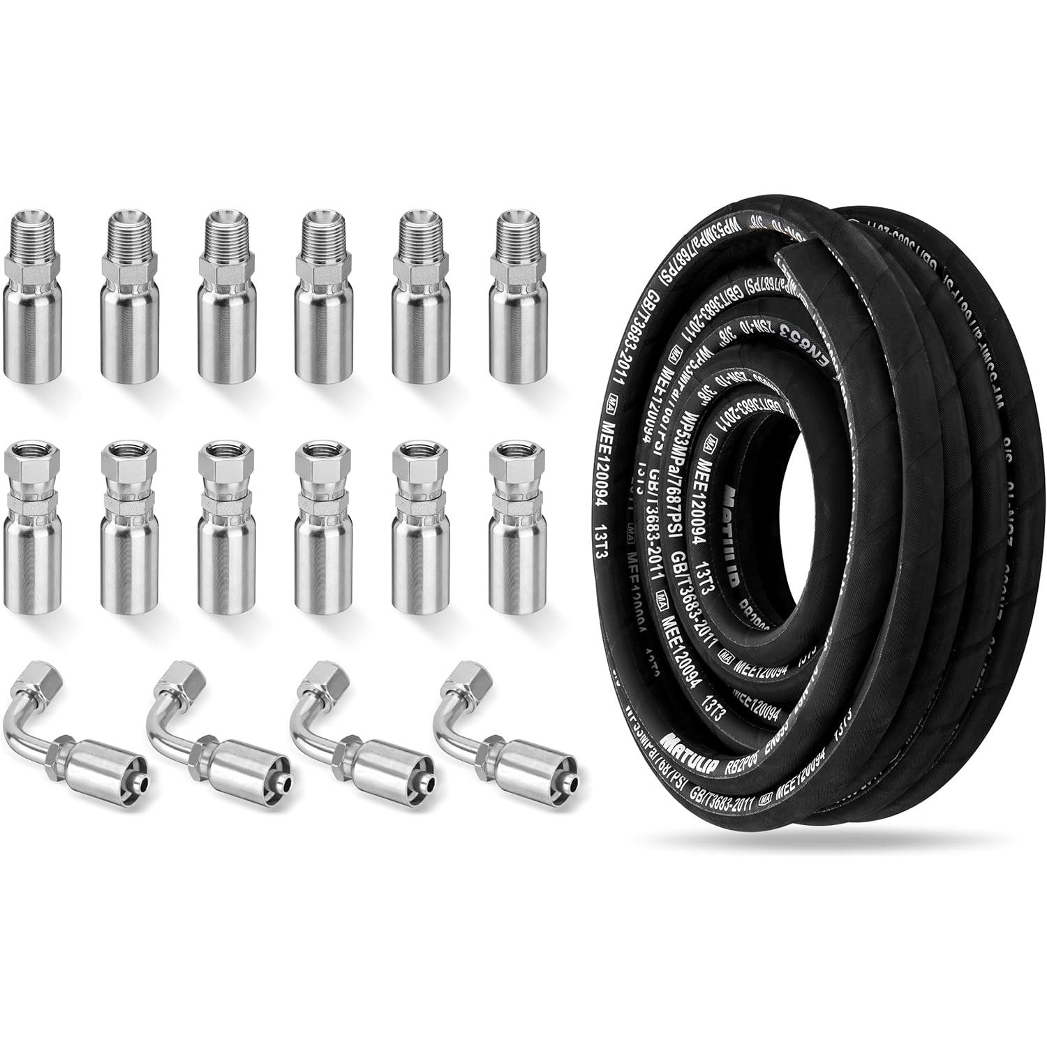 2-Wire Braid Hydraulic Hose Kit 33FT 3/8″ Hose with 16PCS Carbon Steel Fittings
