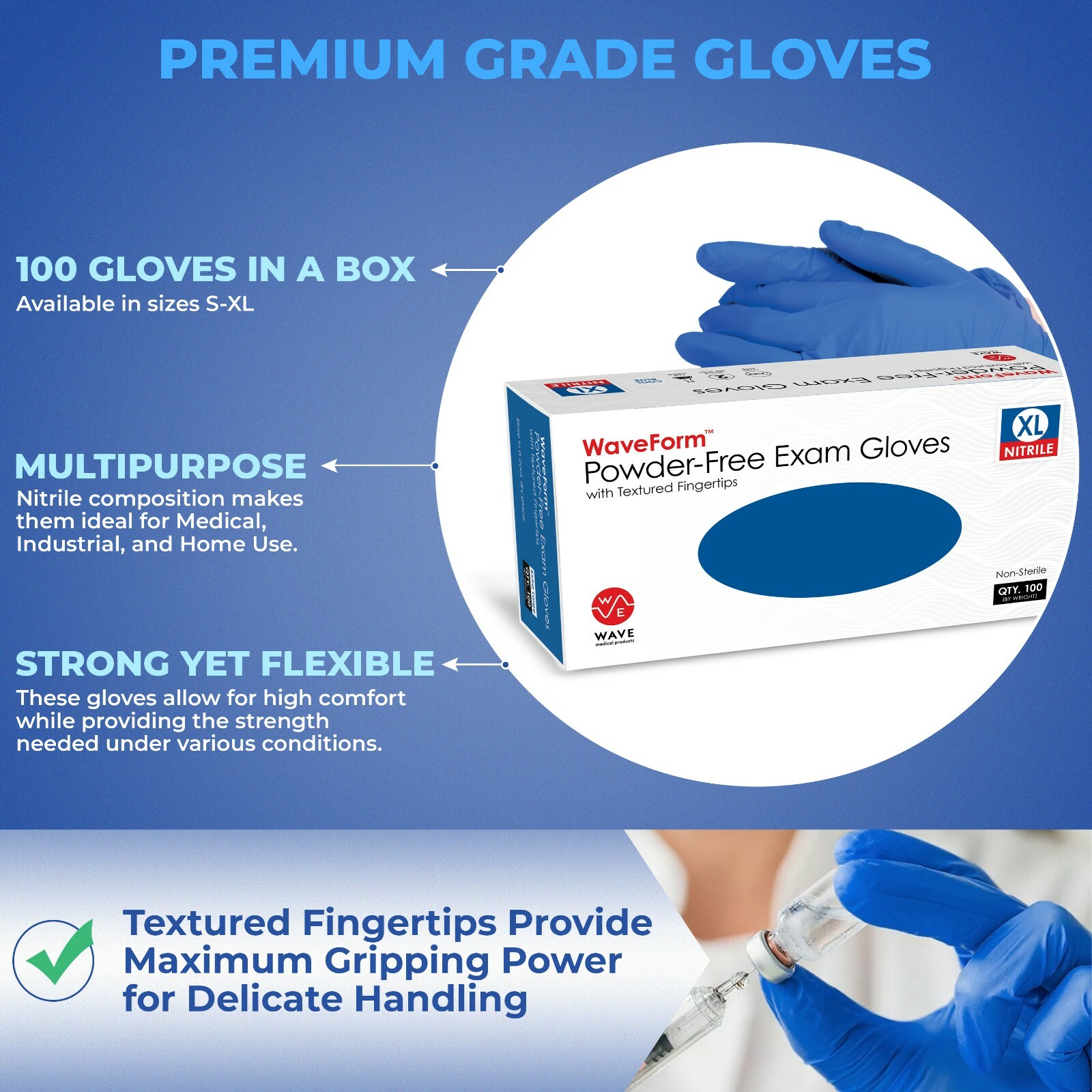 WAVE Premium 4 Mil Blue Medical Nitrile Exam Latex Free Disposable Gloves