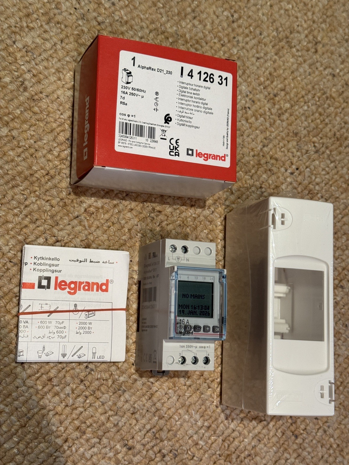Legrand AlphaRex Digital Timer 412631 D21 230V 50/60Hz (B321) w/ IP30 Wall Box