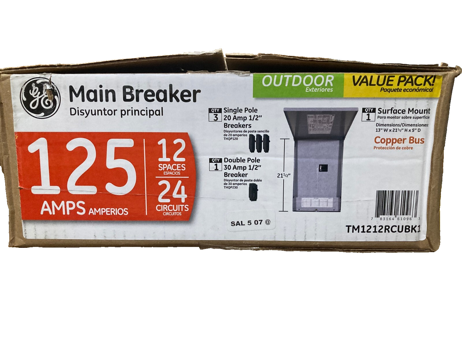 G.E. Main Breaker Load Center Outdoor Panel 125 A Surface Mount TM1212RCUBK1