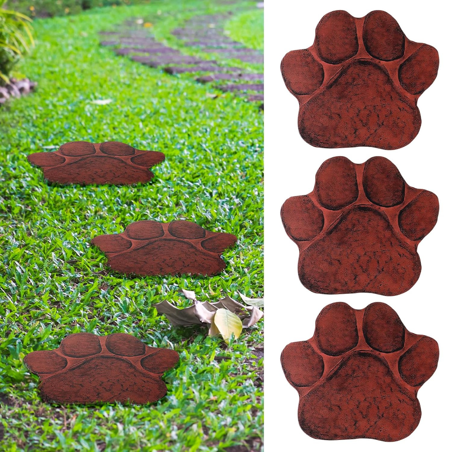 Dog Paw Garden Stepping Stones – Set of 3 Rustic Outdoor Decor 12″ Brown
