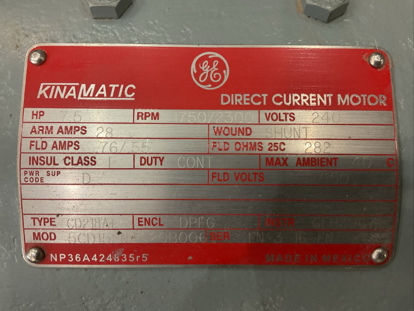 GE Kinamatic Direct Current Motor 7.5 HP 1750 RPM Type CD218AT 5CD152NA020B006