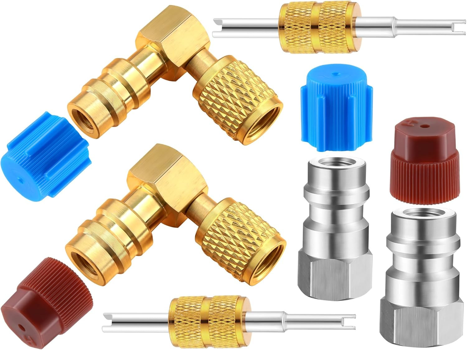 R12 to R134A AC Fitting Conversion Adapter Kit, Quick Coupler Valve A/C 90° Port