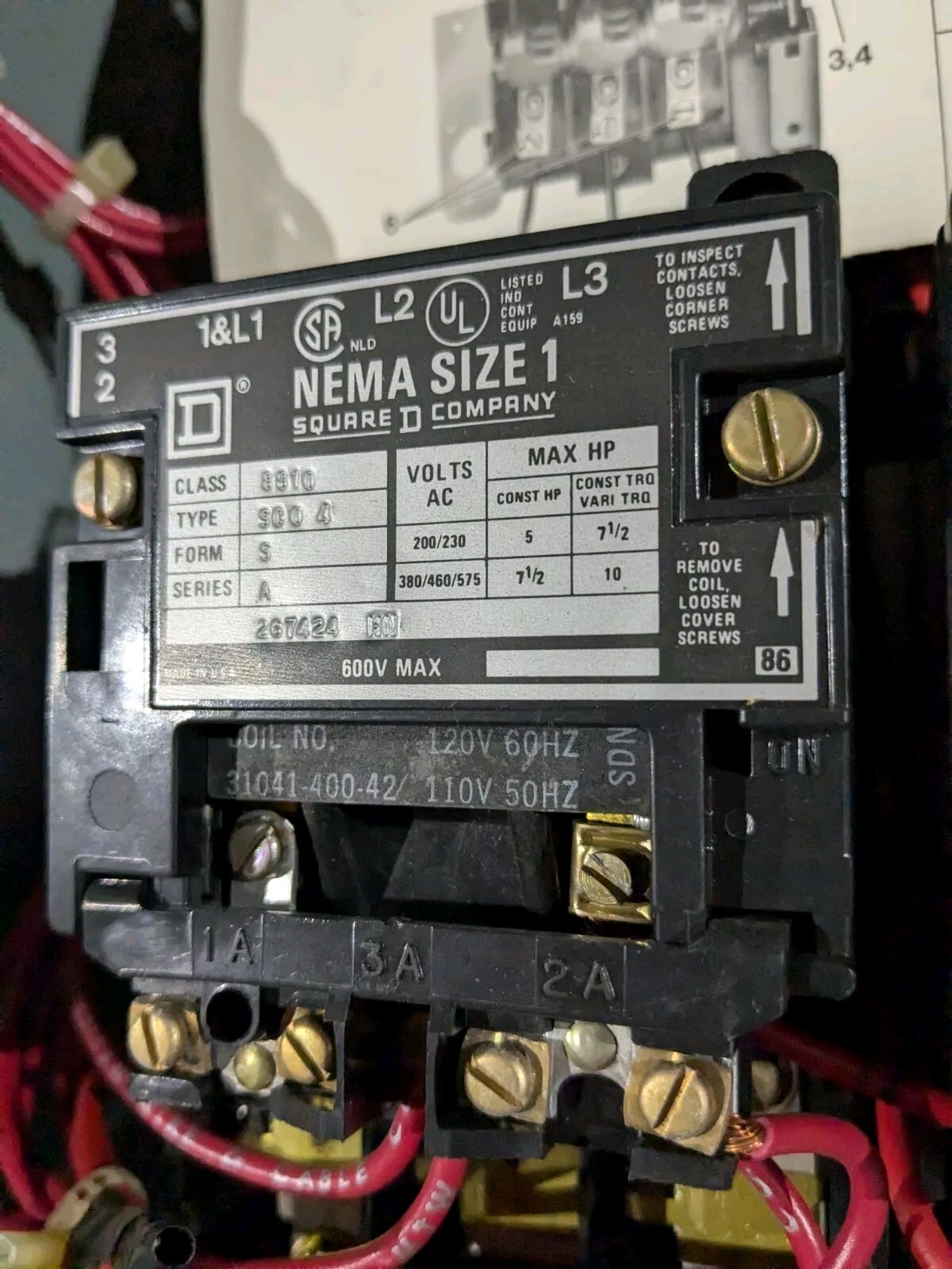 Square D Size 1 Motor Starter 8810 SCO 4 120 Volt Coil Form 3 Series A Works