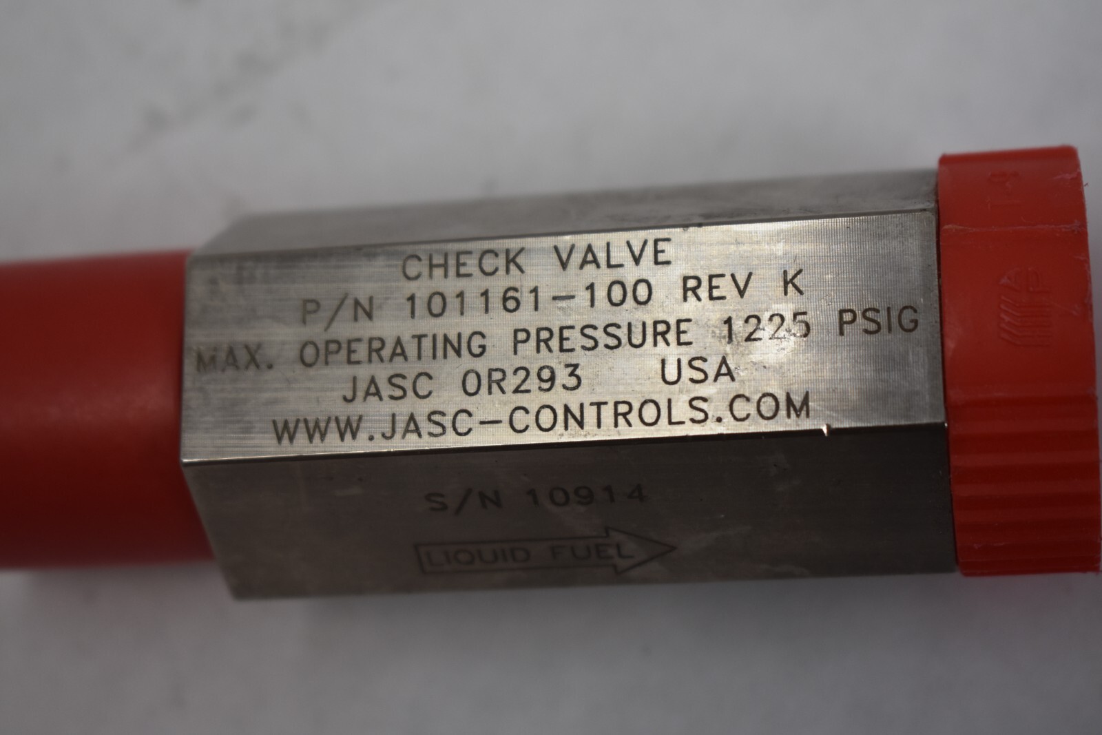 Jasc Check Valve 101161-100 Rev K Operating Pressure 1225 PSIG S/N 10914