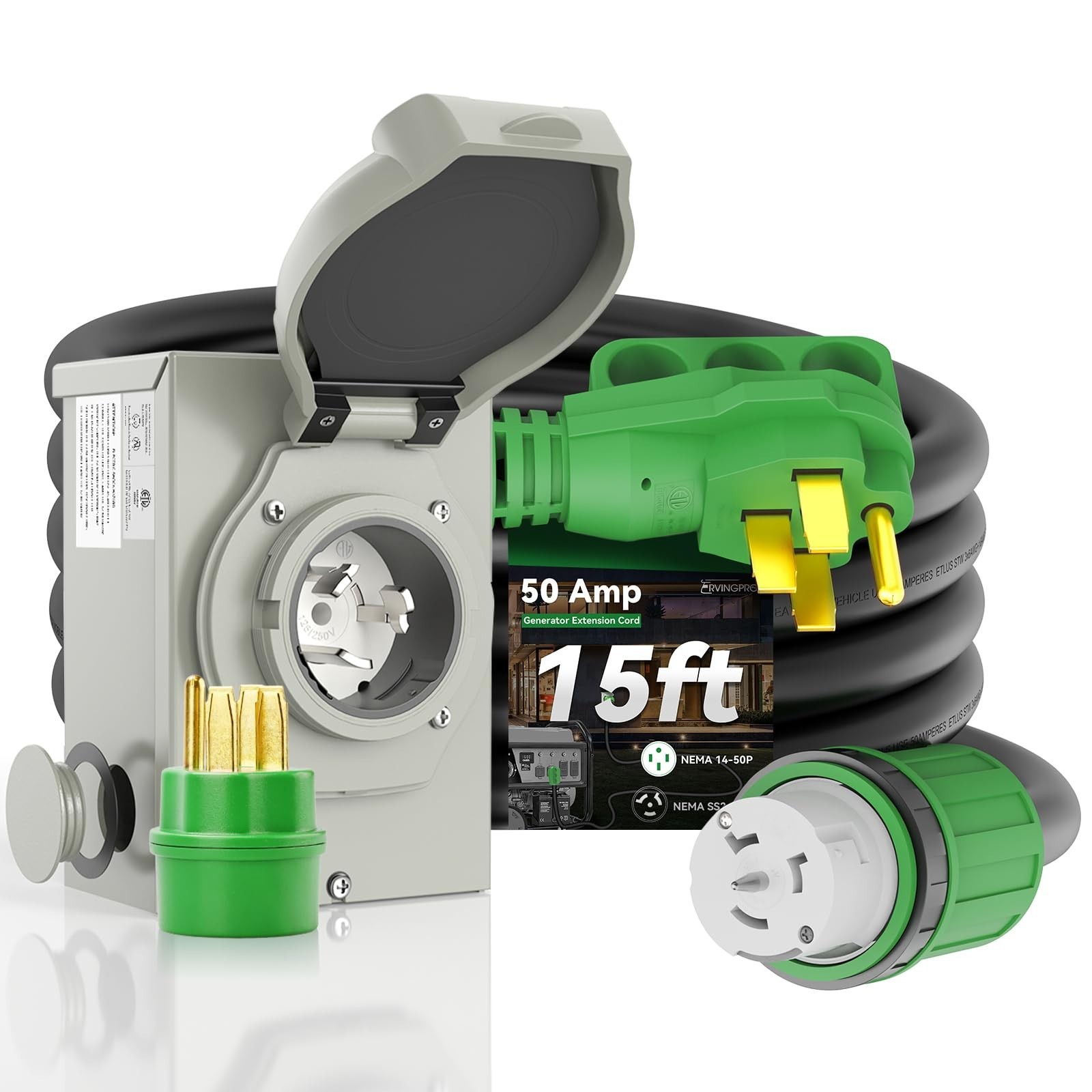50 AMP Generator Inlet Box & 15FT Cord Kit | ETL Listed, Pre-drilled Power Box,