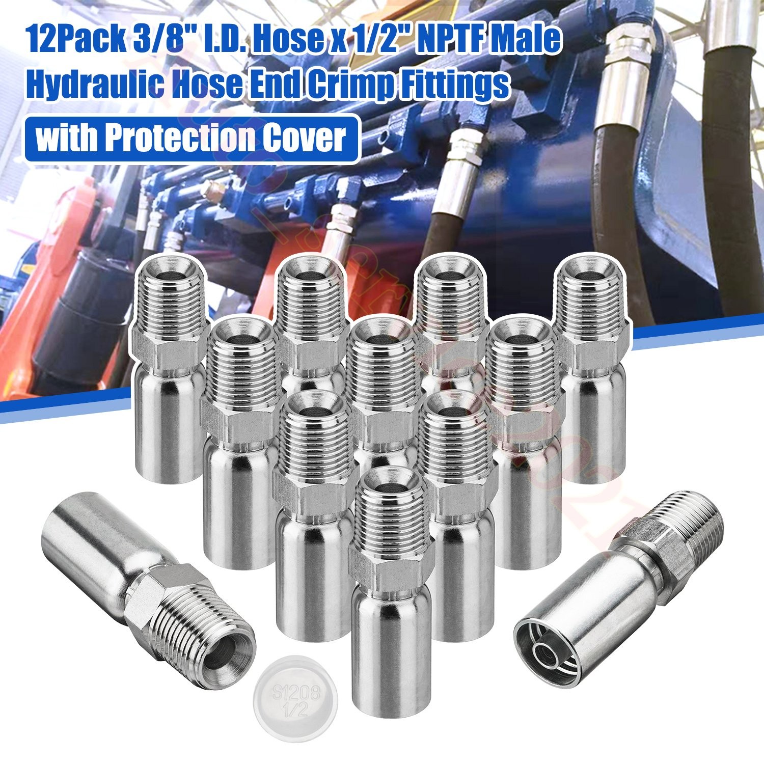 12 Pack 3/8″ I.D. Hose x 1/2″ NPTF Male Hydraulic Hose End Crimp Fittings A+++
