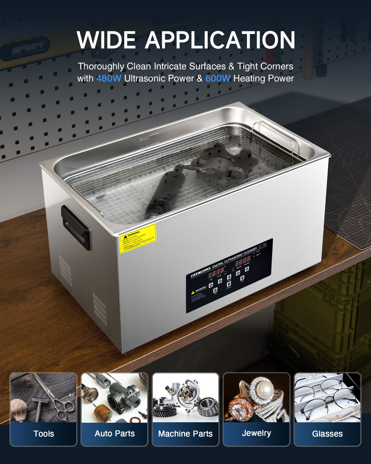 CREWORKS 22L Ultrasonic Cleaner with Control Panel 1-30 min. Timer & Degas Mode