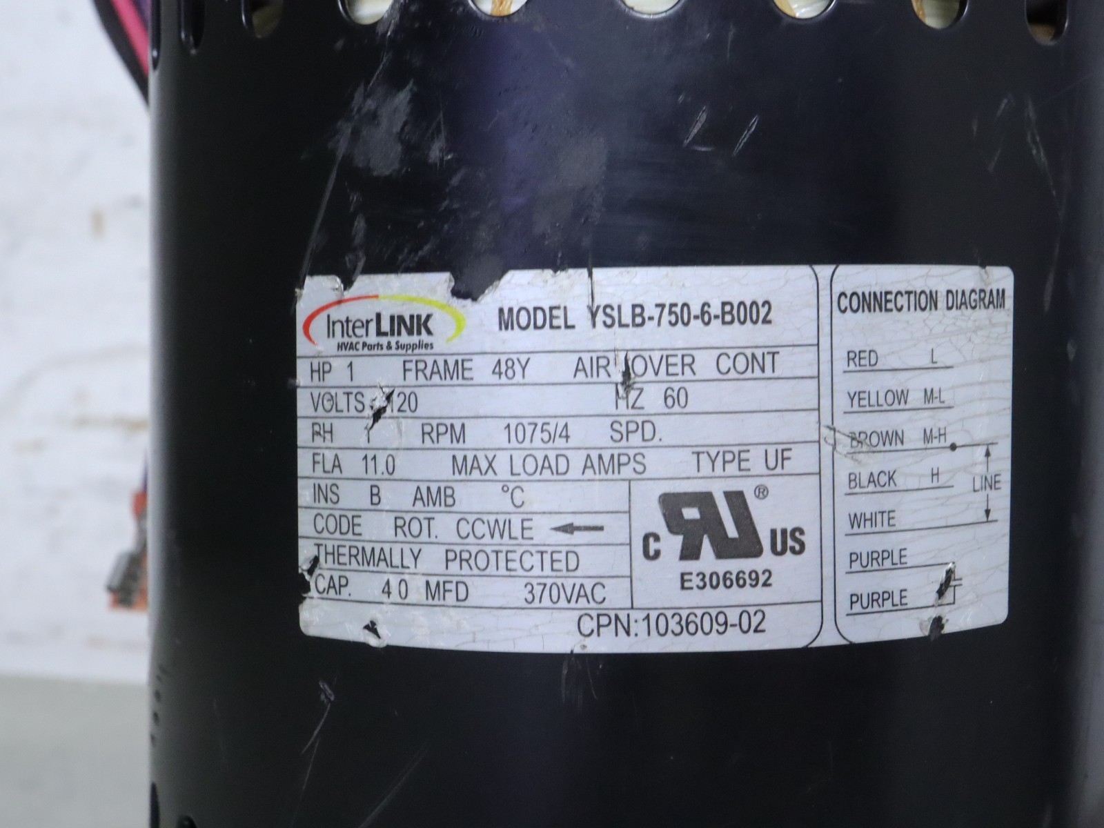 InterLink YSLB-750-6-B002 Blower Motor 1HP 1075RPM 4SPD 120V 103609-02 CCWLE