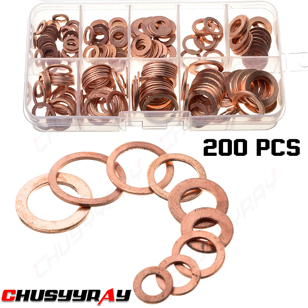 200PC M5-m14 Copper Washers Gasket Set Flat Ring Seal Kit With Plastic Box