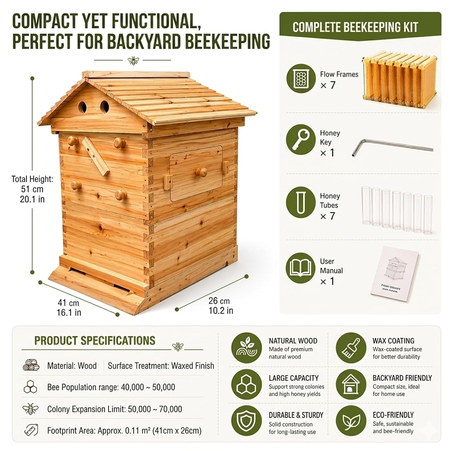 Auto Beehive Starter Kit Wooden Bee Hive Box with 7pcs Honey Tap Frames Beginner