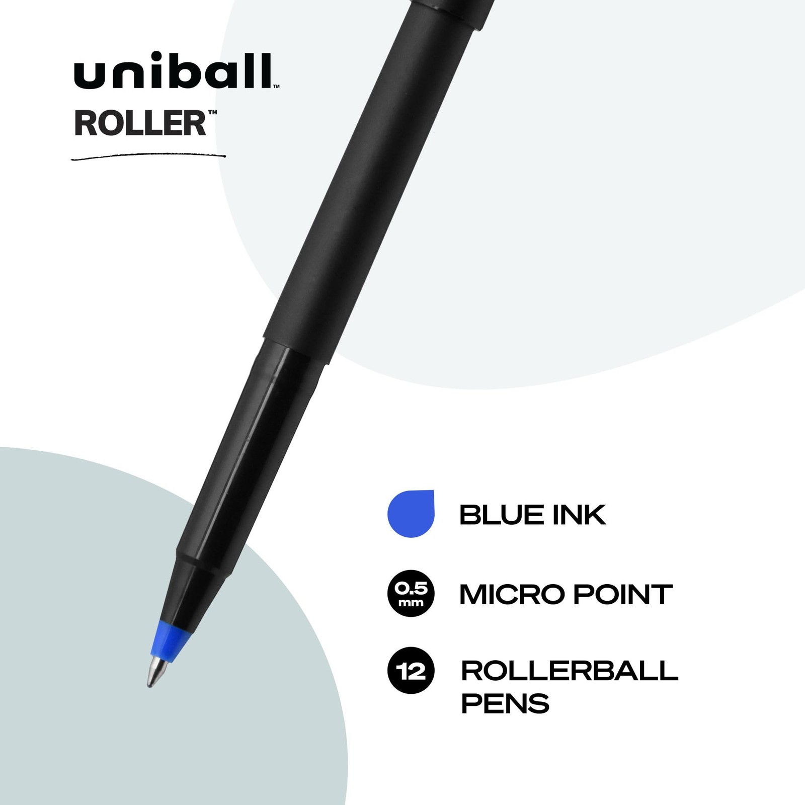 uniball Roller Rollerball Pens, Micro Point (0.5mm), Blue, 12 Pack
