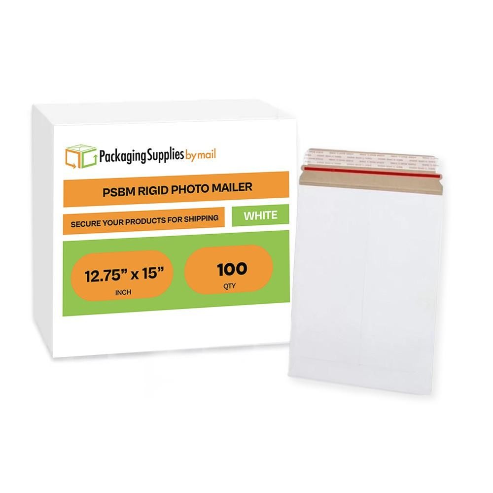 12.75 x 15 Rigid Photo White Cardboard Mailer, Self-Seal Tear Tab-28pt 100 Pack