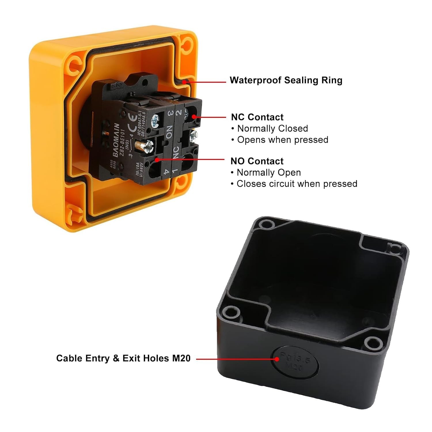 Red Emergency Stop Switch Weatherproof Push Button with Box 10A 660V 1NO 1NC