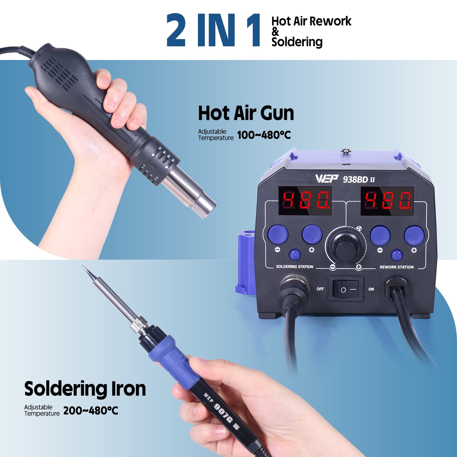 WEP 938BD-II Soldering Iron Station Hot Air Gun Rework Station with LED Lamp