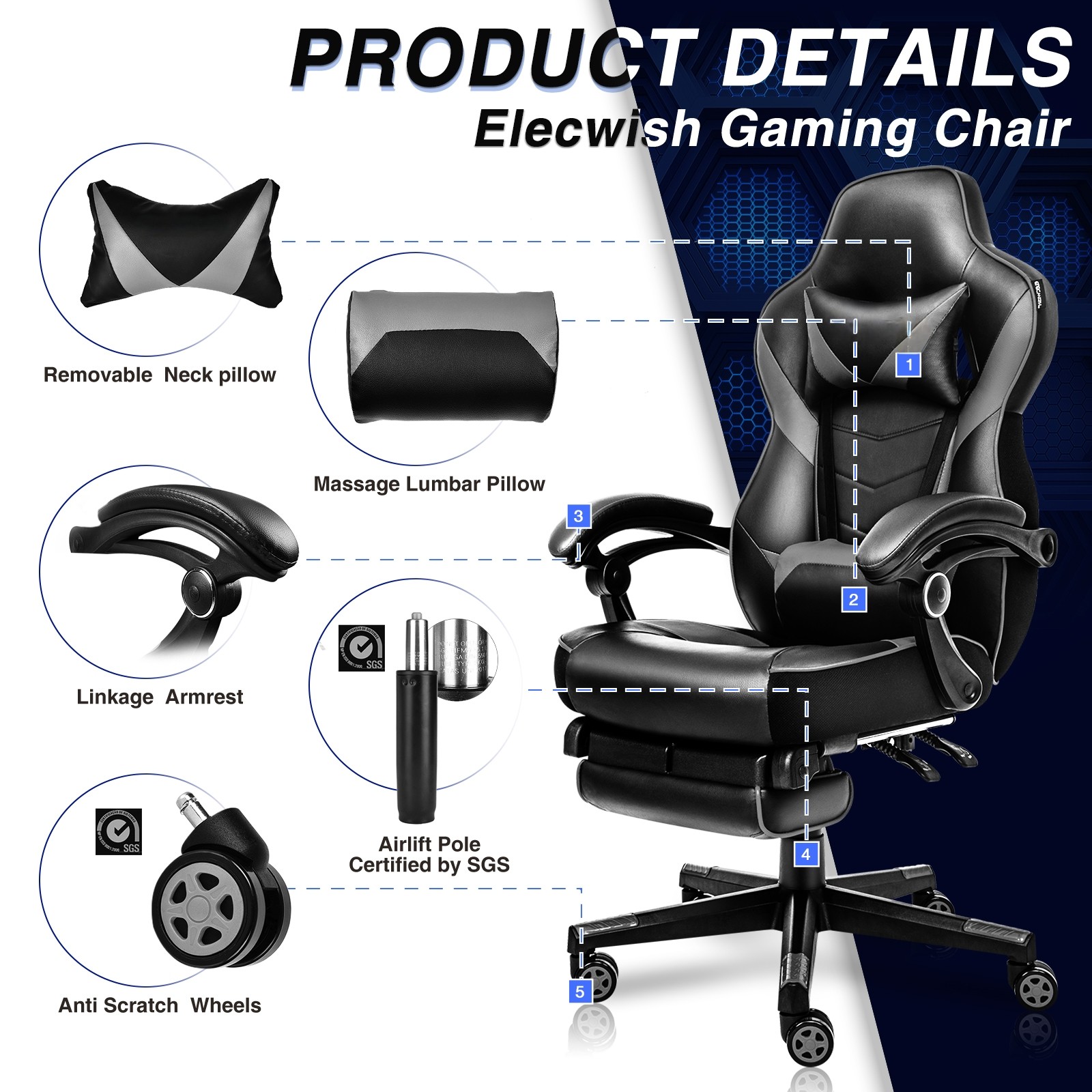 ELECWISH Gaming Chair Ergonomic Swivel Recliner Office Seat w/ Lumbar support