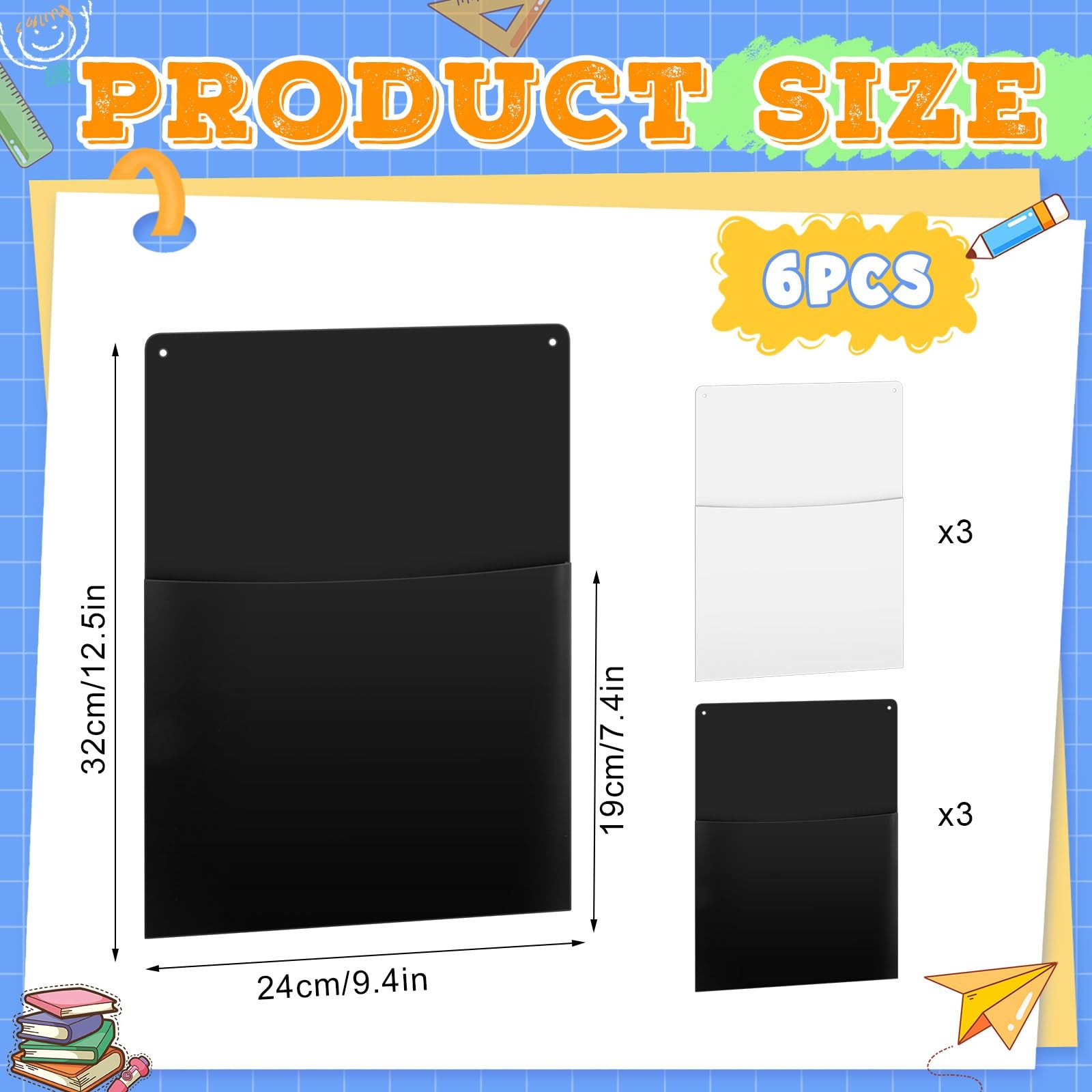 Fuutreo 6 Pcs White Black Plastic Oversized Wall Pockets 12.6″ x