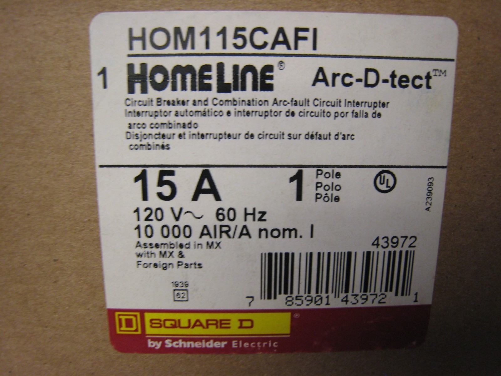 Square D HOM115CAFI 15A 1-Pole AFCI Circuit Breaker 120V Homeline NOS