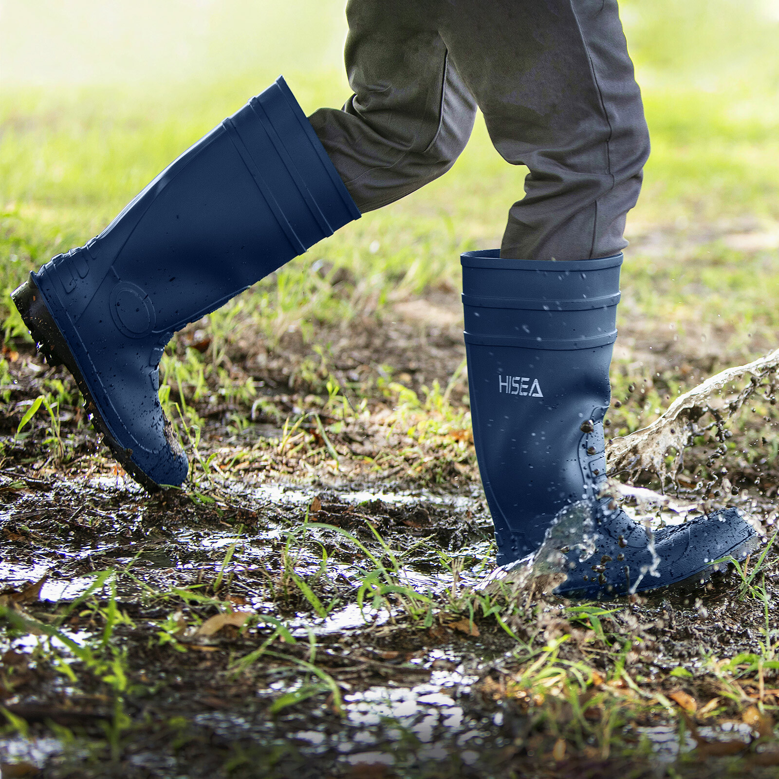 HISEA Men Steel Toe Rain Boots Waterproof Fishing Hunting Garden Mud Work Boots