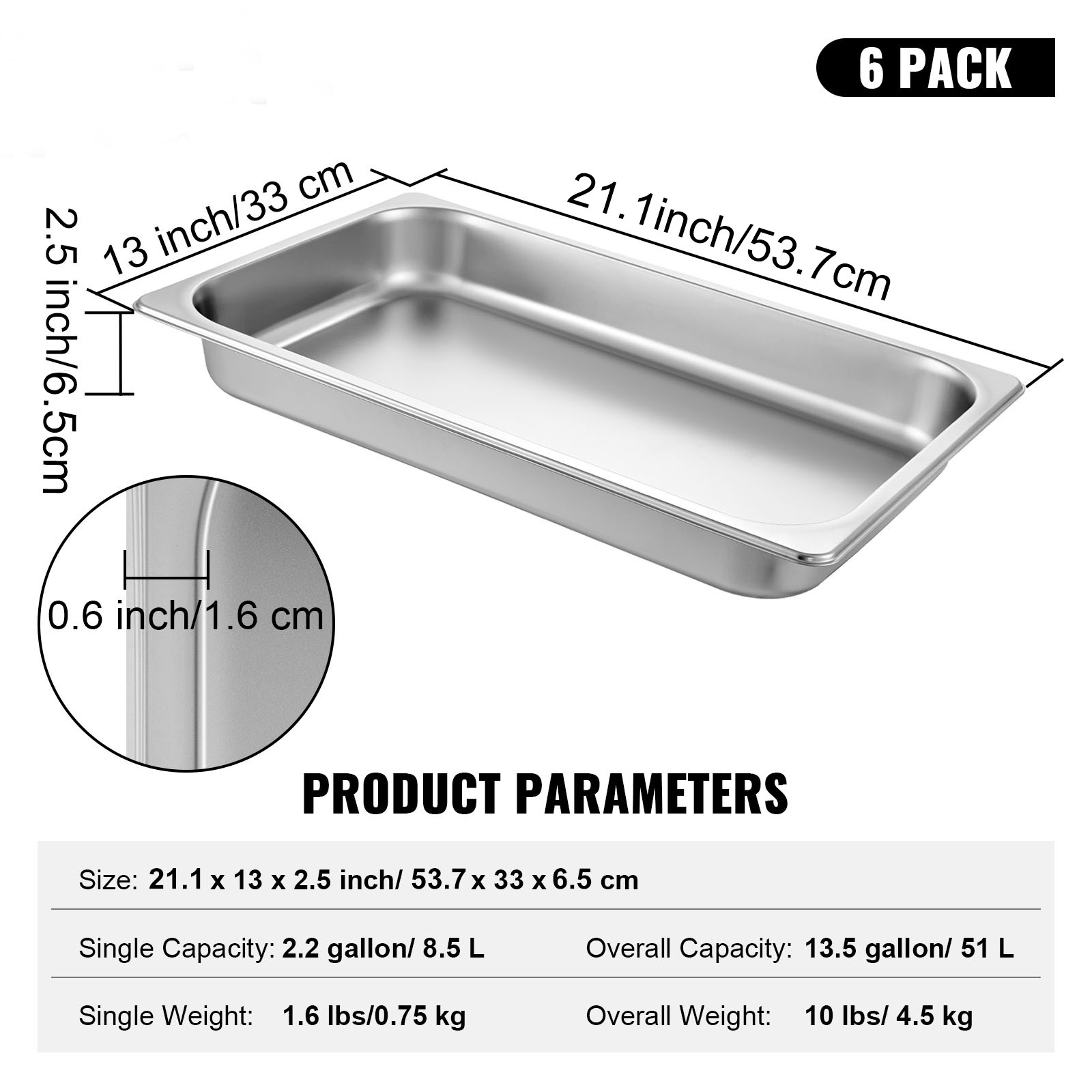 VEVOR 6 Pack 2.5″ Deep Stainless Steel Steam Table Pans Hotel Food Prep Pan