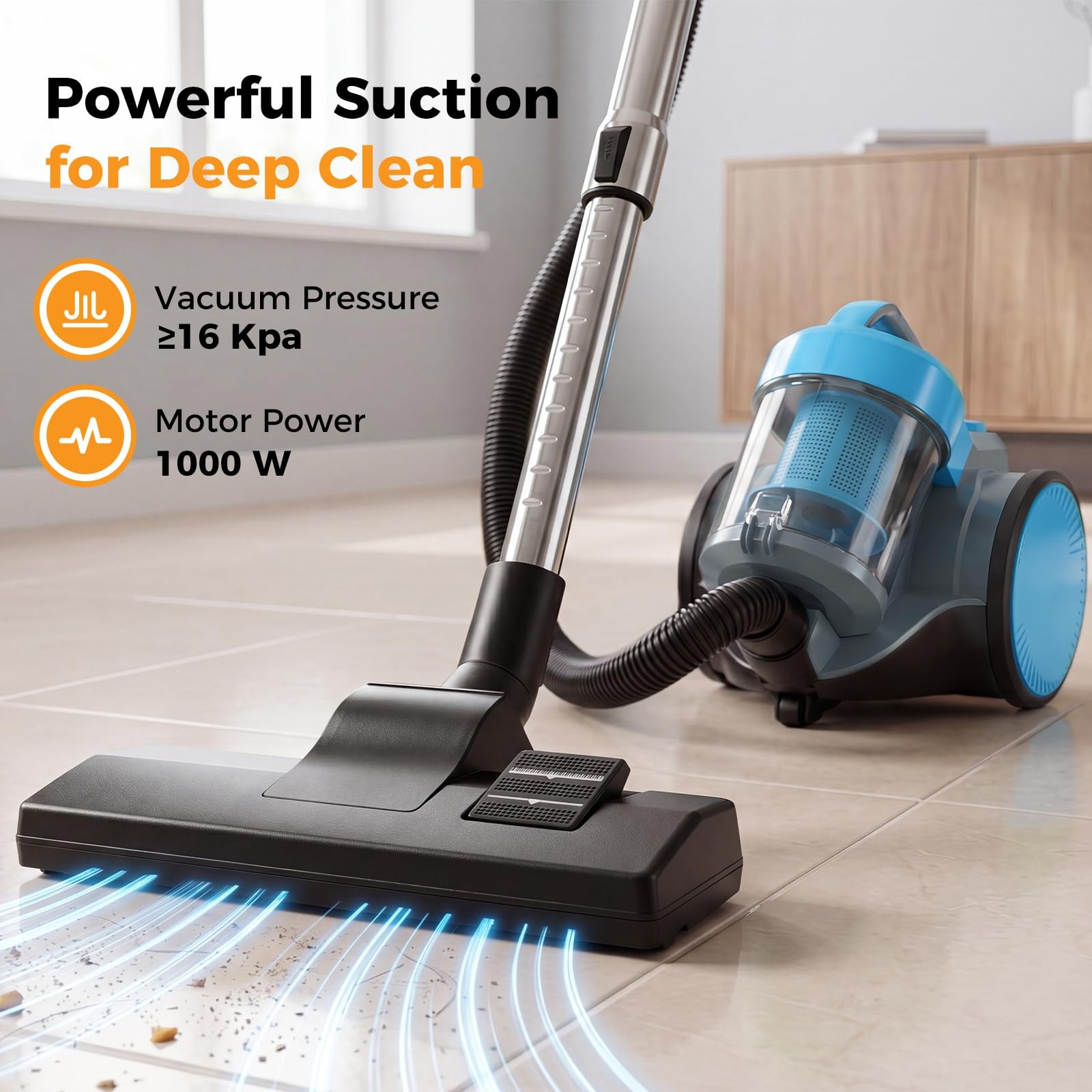 NEWBULIG Canister Vacuum Cleaners for Home, Strong 13.15″*9.45″*11.73″, Blue