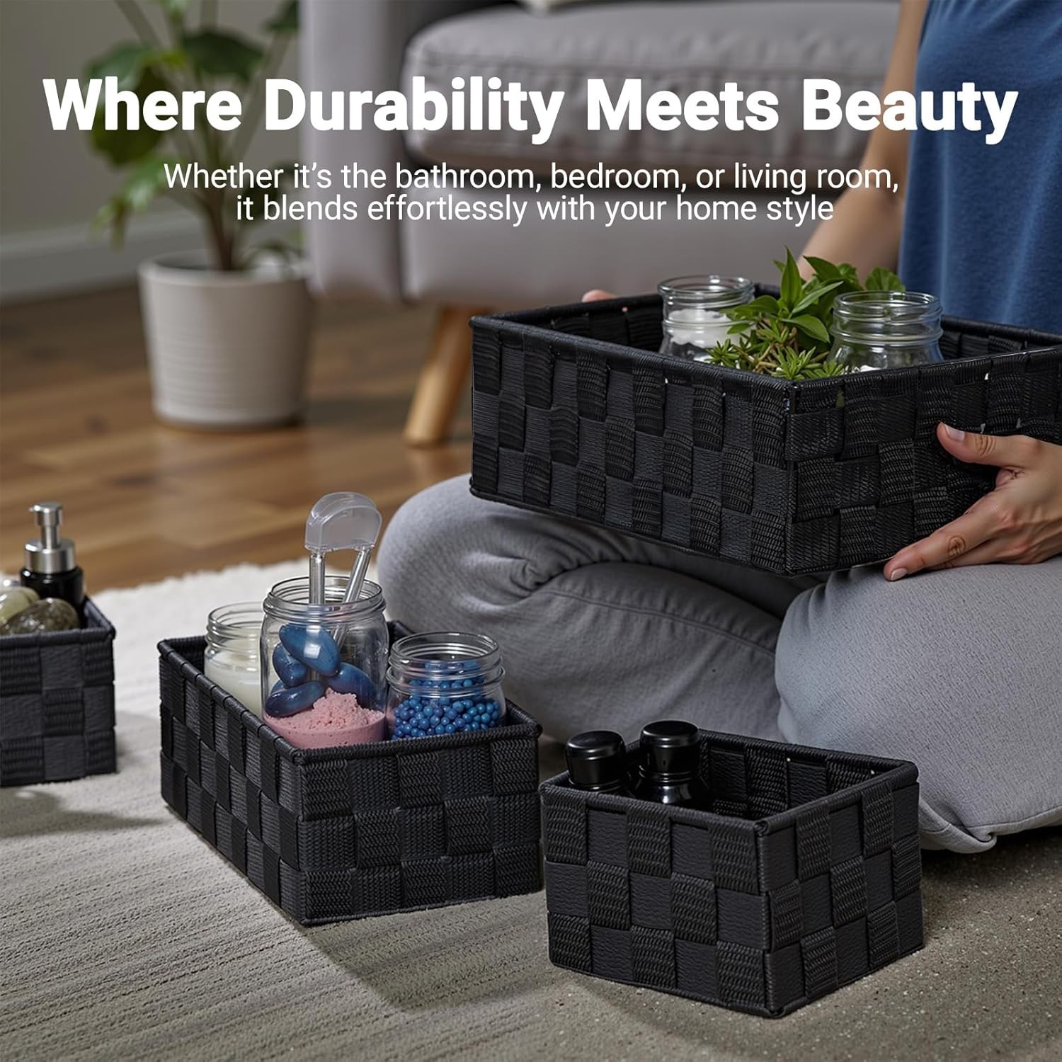 4pc Black Woven Basket Set Closet Drawer Organizer Small Storage Bins Metal Fram