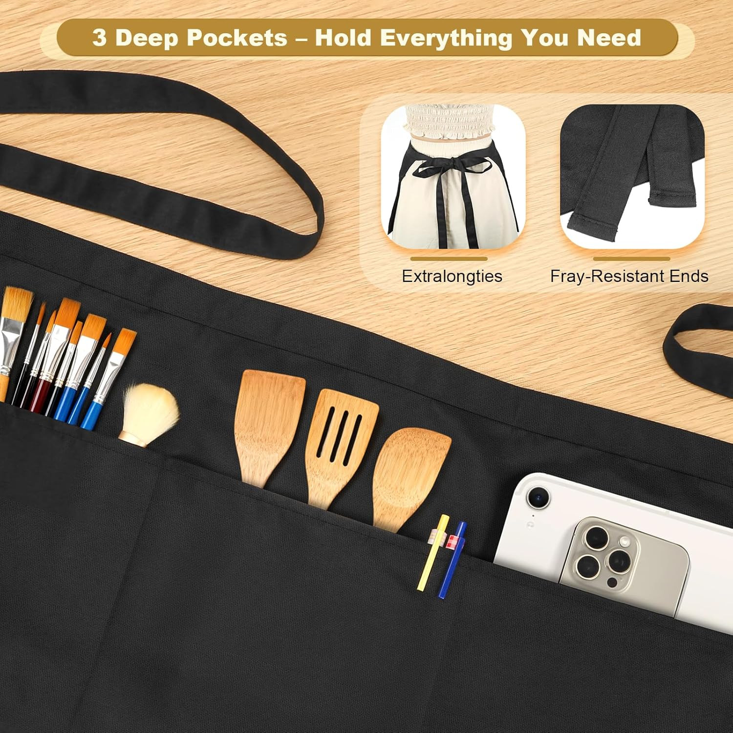 2-Pack Black Server Aprons with 3 Pockets, Adjustable Water-Resistant Waist Half