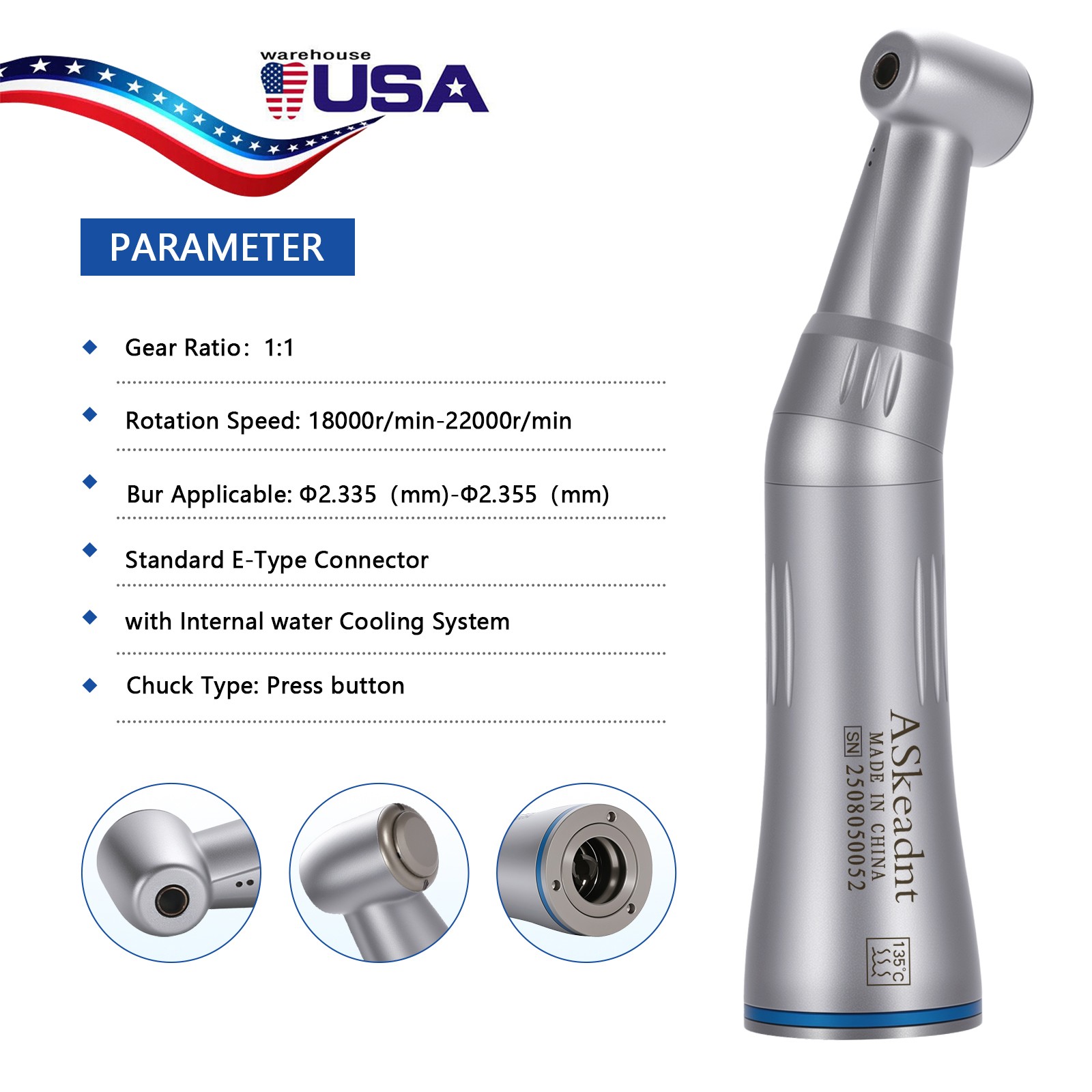 Dental Internal Water Spray Contra Angle E-type Low Speed Handpiece