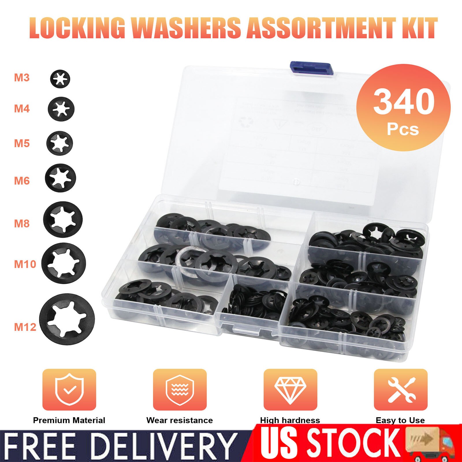 340 Piece Internal Teeth Star Lock Spring Quick Washer Push-In Quick Nut Set
