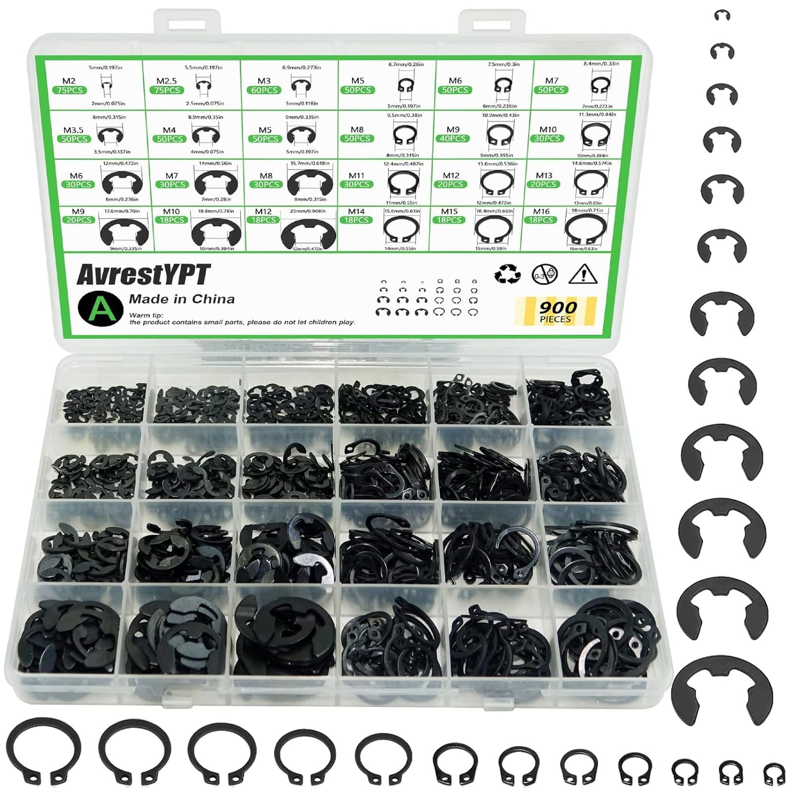 900Pcs C Clips Assortment (M5-M16) and E Clips Assortment Set (M2-M12)