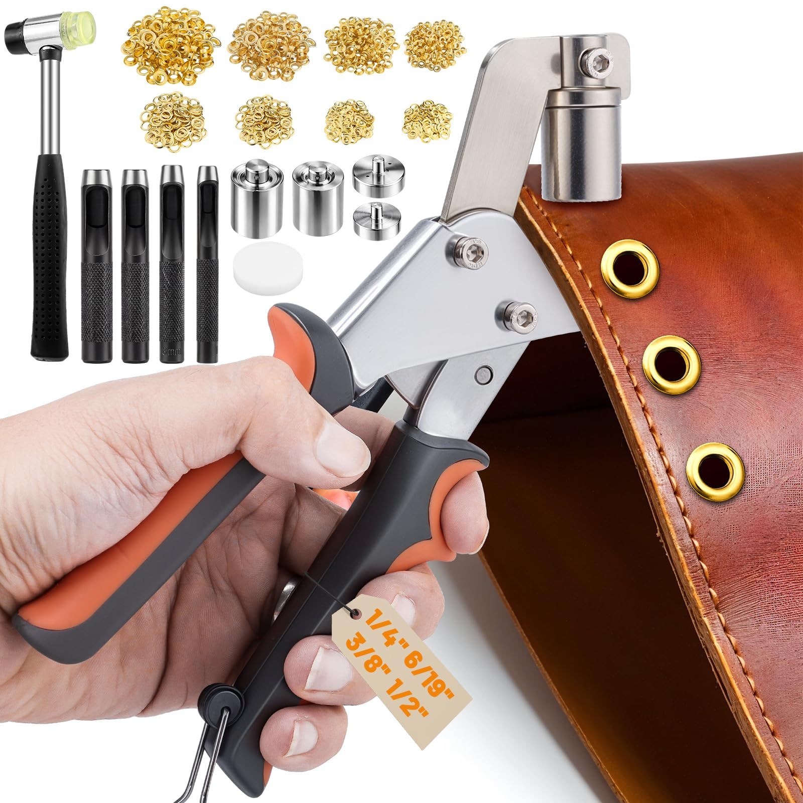 Grommet Tool Kit, 1/2″, 1/4″, 6/19″, 3/8″ Grommets Heavy Duty Grommet Kit 100…