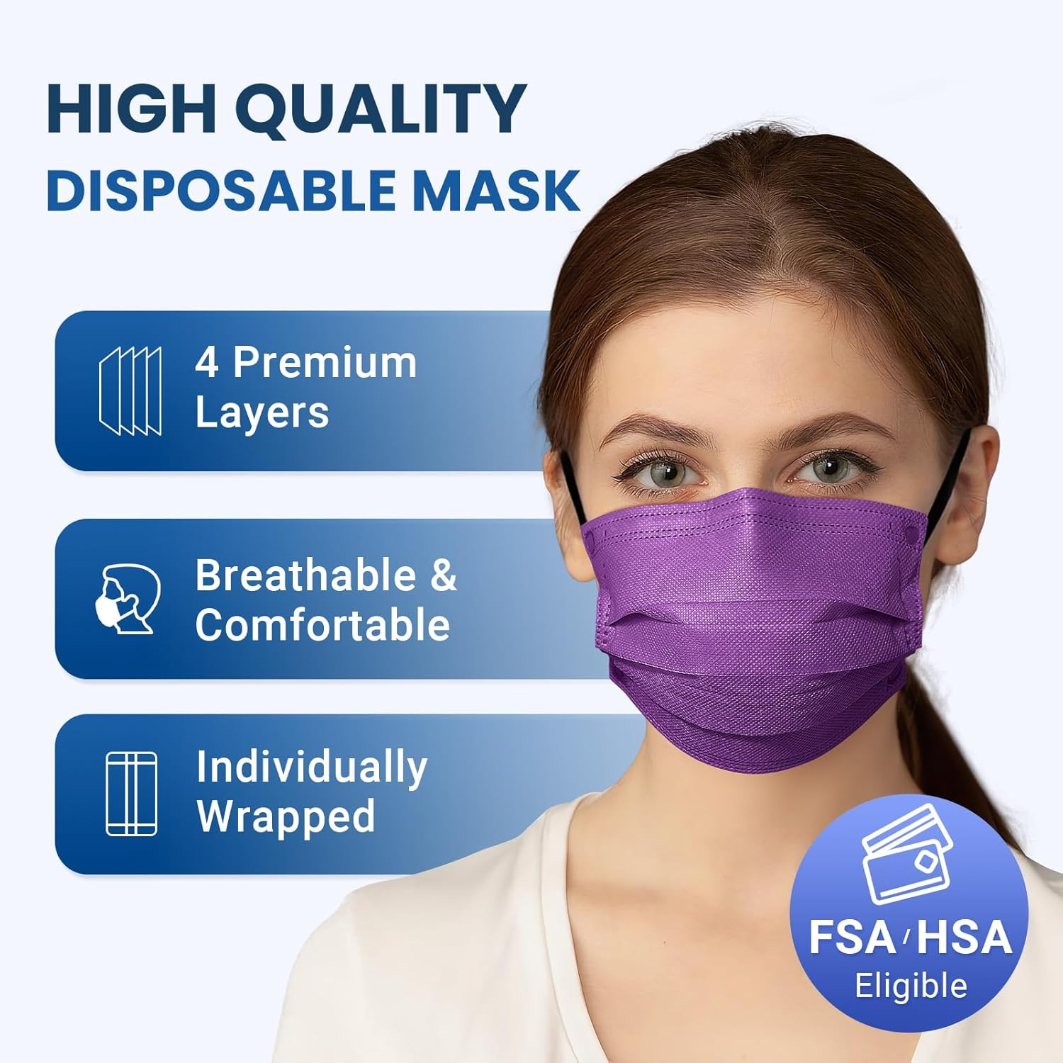 Disposable Face Mask for Adults – 4 Ply Protection, Individually Wrapped 50 Pack