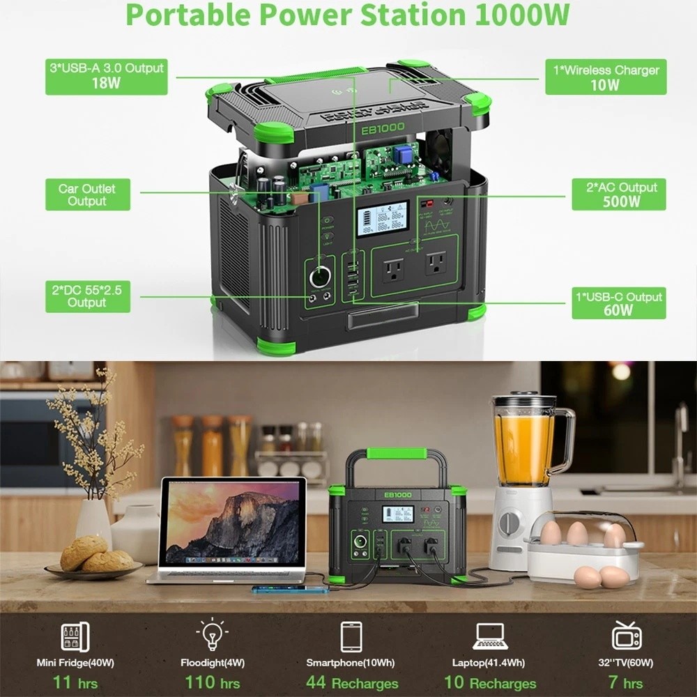 1000W 999Wh LiFePO4 Battery Power Station Portable Solar Generator RV Backup
