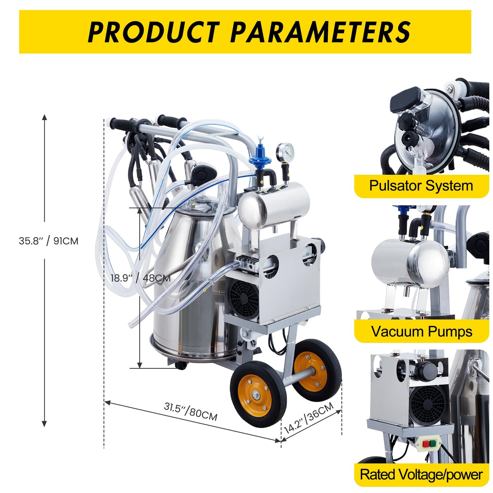 25L Electric Cow Milking Machine Milking Equipment 304 Stainless Steel Bucket US